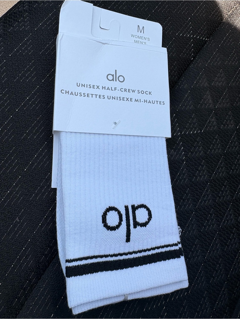 ALO Yoga White Half-Crew Athletic Socks with Black Stripes